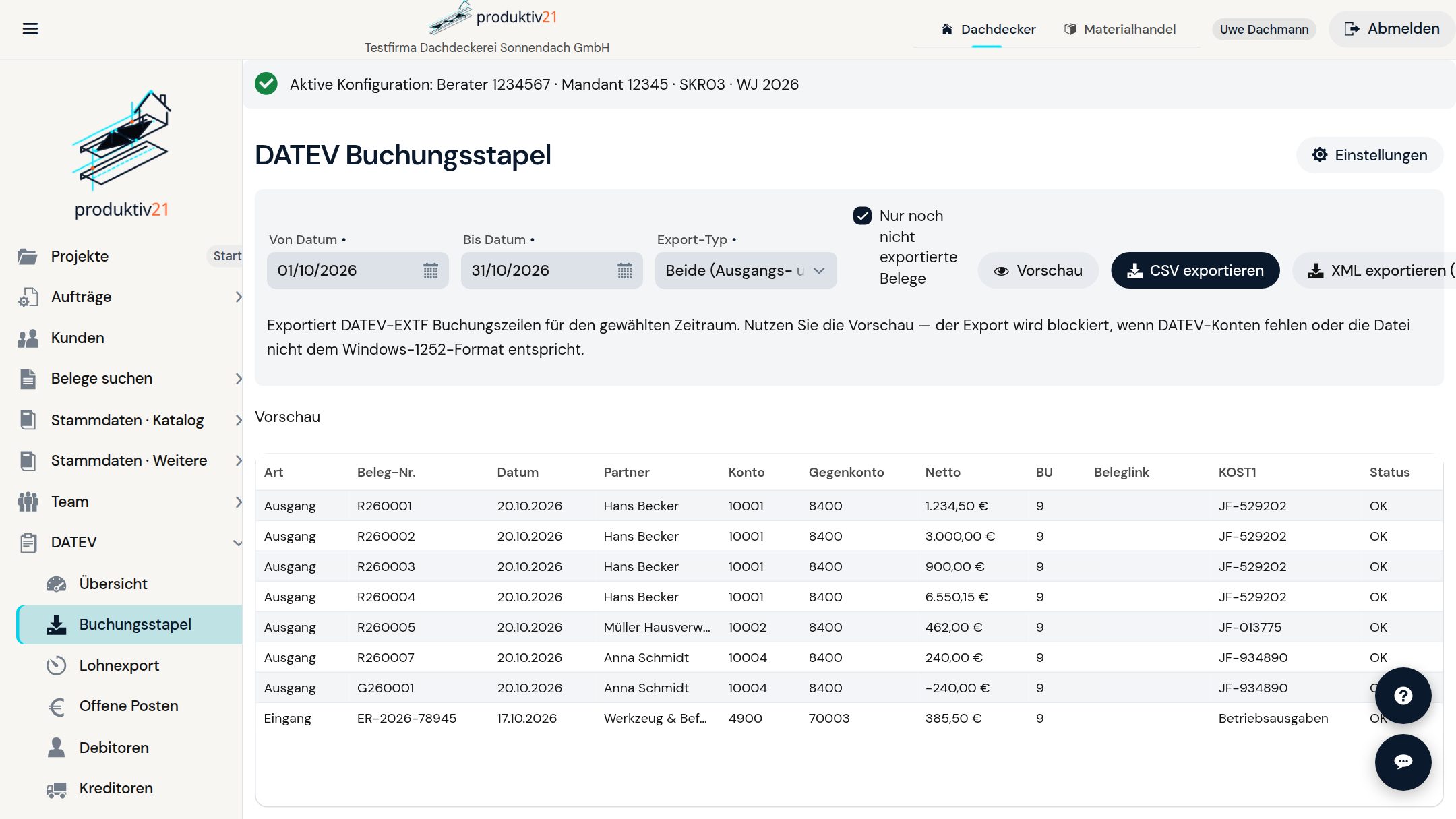DATEV-Buchungsstapel mit Vorschau in Produktiv21