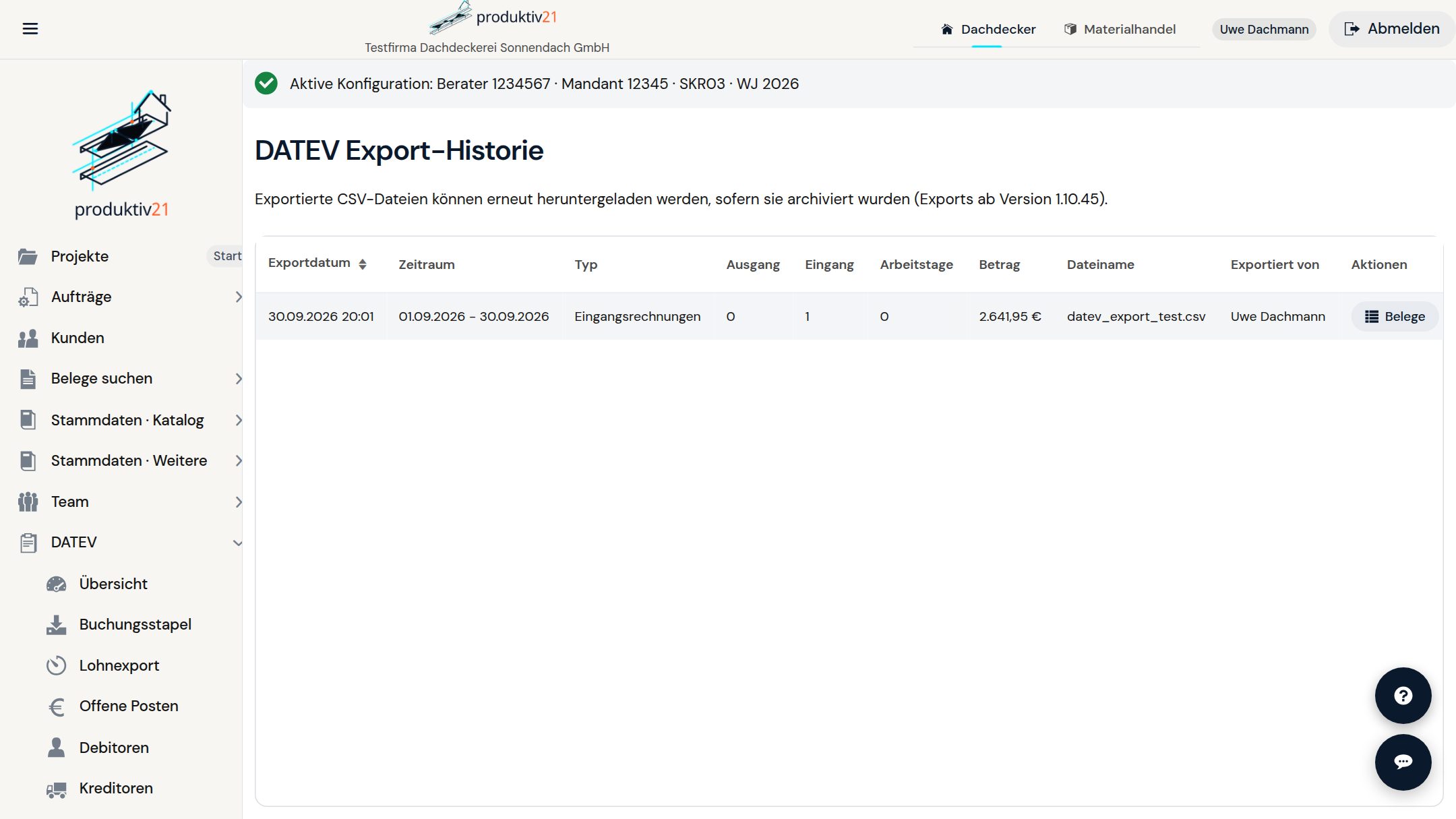 DATEV-Export-Historie in Produktiv21