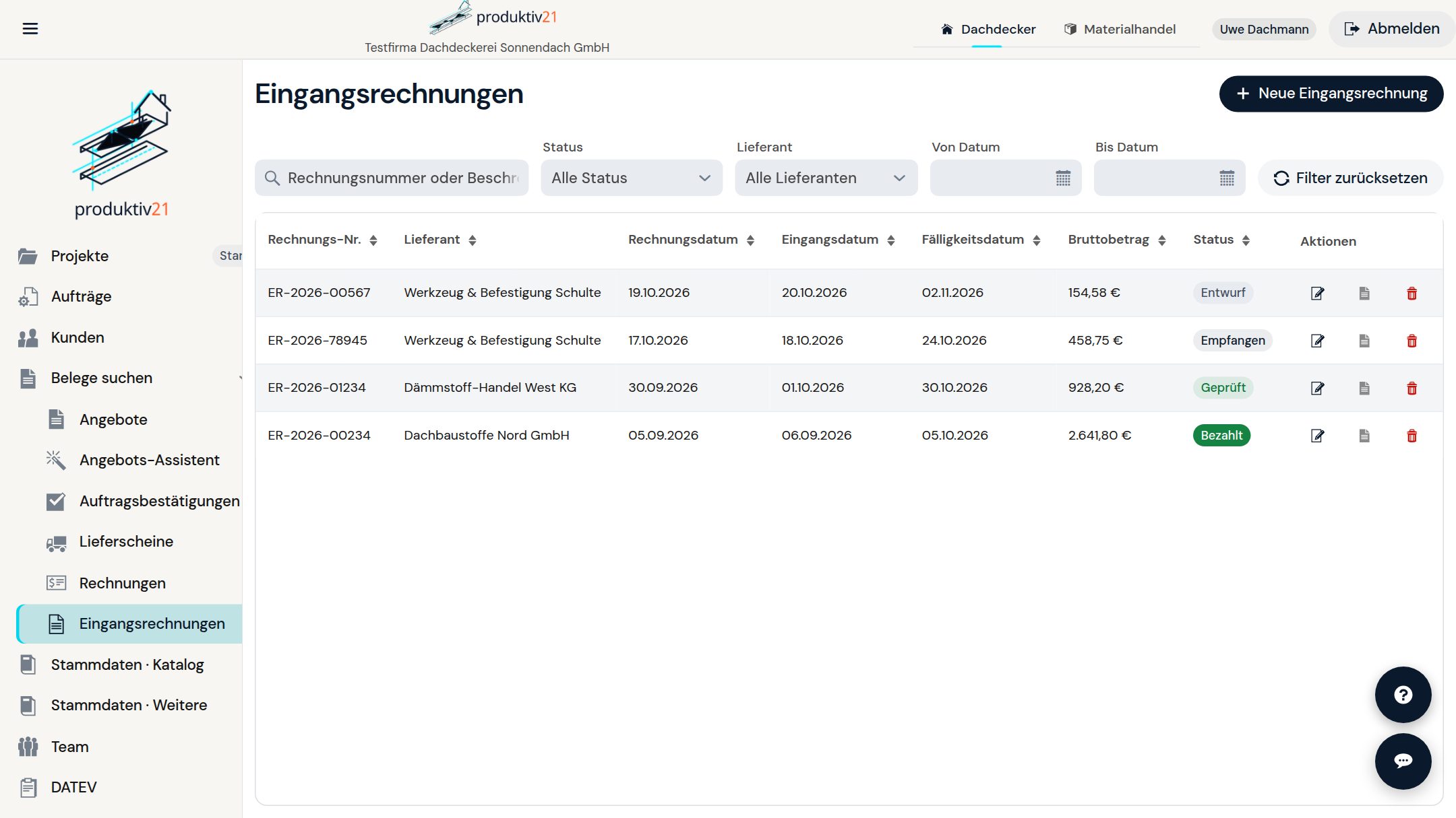Eingangsrechnungen in Produktiv21