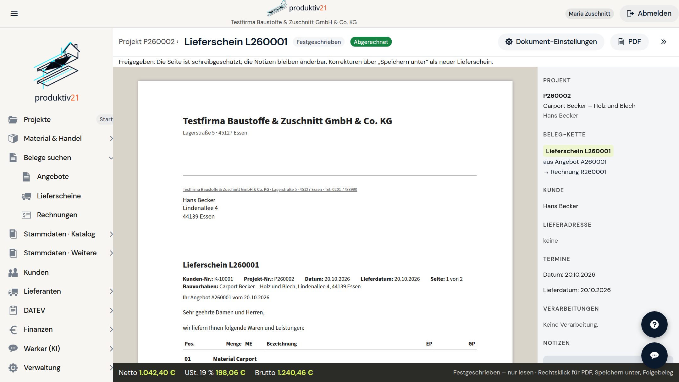 Lieferschein im Seiten-Editor