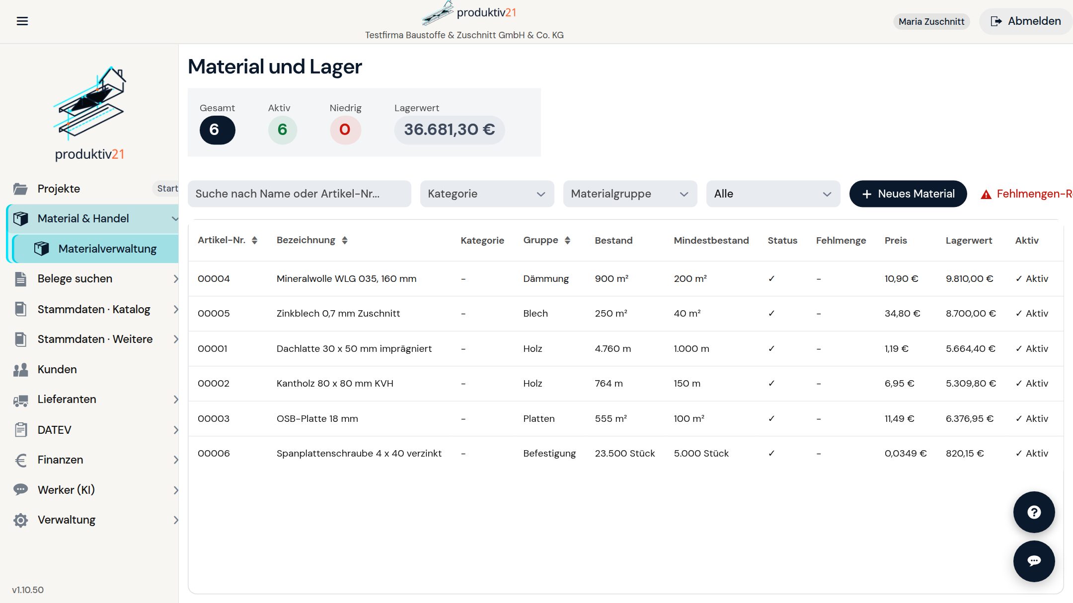Material und Lager in Produktiv21