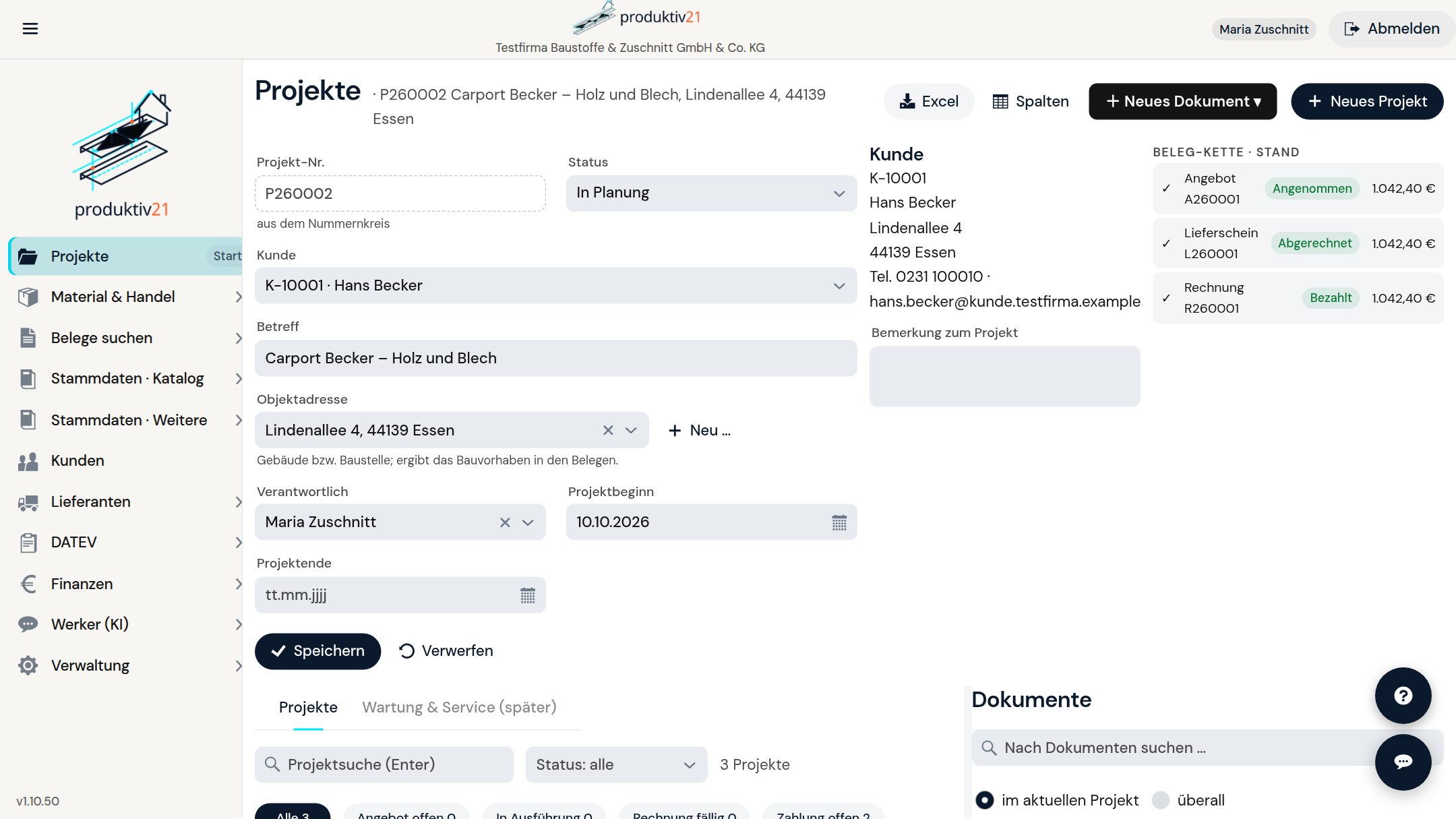 Projekt mit Beleg-Kette in Produktiv21