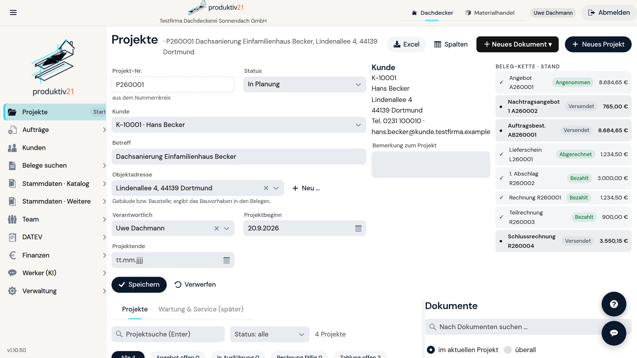 Projekt in Produktiv21 mit Beleg-Kette von Angebot bis Schlussrechnung