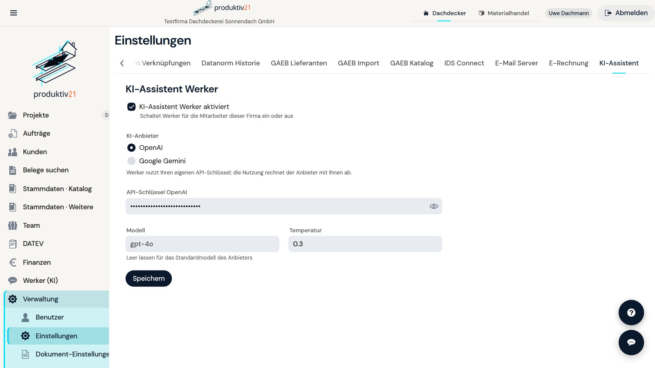 Einstellungen des KI-Assistenten Werker in Produktiv21
